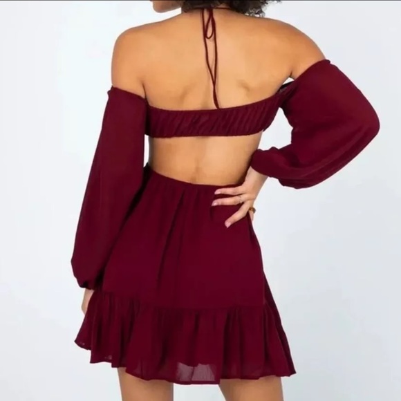 Princess Polly Natasha Maroon Burgundy Halter Cutout Balloon Sleeve Mini Dress - Picture 3 of 13